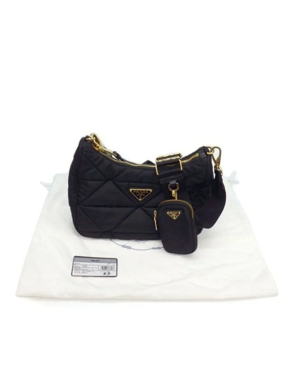 Prada Shoulder Bag Patted Quilted Re-Nylon Black Recycled Polyamide Gold